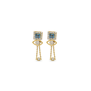 Sophia Charm Evil Eye Earrings (Small) - Aquamarine, Diamond and 14k yellow Gold